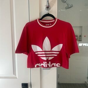 Adidas Red and White Logo Crop Tee
